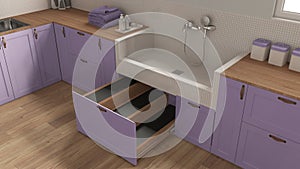 Pet friendly laundry room, close up, mudroom in purple tones with cabinets and dog bath shower with tiles and accessories, ladder