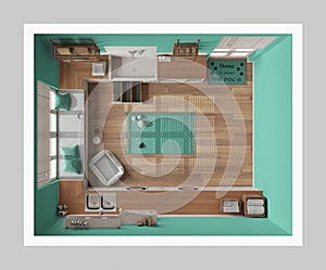 Pet friendly modern turquoise and wooden laundry room, mudroom with cabinets, shelves and equipment. Dog shower bath, ladder, dog