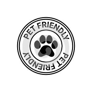 Pet friendly sign, stamp with paw animal. Icon sticker allowed entrance dog and cat. Vector illustration