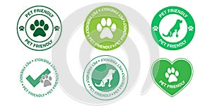 Pet Friendly Signs Collection. Set of green vector graphics with dogs and cats symbols.