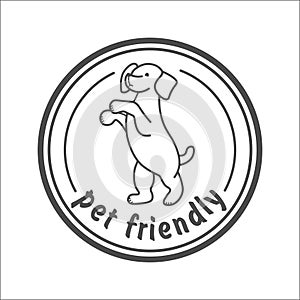 Pet friendly stamp, in gray isolated on white background, vector illustration. Silhouette of a dog standing on its hind legs