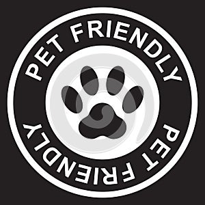 Pet friendly stamp, white isolated on black background, vector illustration.