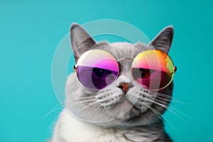 pet funny sunglasses animal colourful neon cute cat fashion portrait. Generative AI.