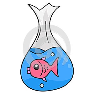 Pet goldfish in a plastic bag. carton emoticon. doodle icon drawing