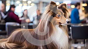 Pet groomer collie breed tending to well-groomed long hair in the salon for optimal pet care