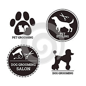 Pet grooming salon logo templates, silhouette of pets and grooming equipment, vector illustration isolated on white.