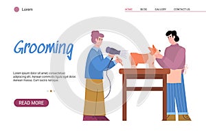 Pet grooming salon website with masters or hairdressers, vector illustration.