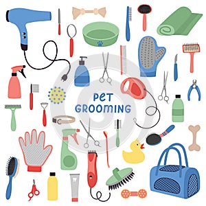 Pet grooming tools set. Dog and cat care, grooming, hygiene, health, accessories, vets