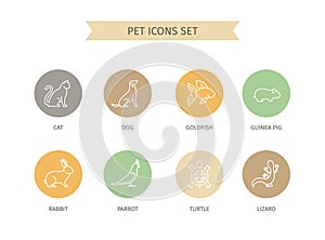 Pet icon set in minimal trendy style. Animals linear symbols for pet shop or veterinary clinic. Cat, dog, rabbit, guinea pig