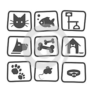 Pet icons set with fish , dog , cat and mouse isolated on white. Black animal pet collection symbol care veterinary. Icon pet