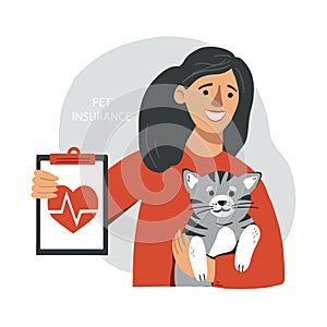 Woman with a cat shows pet insurance blank. Happy female with kitten on her hands. Hand drawn flat vector illustration on a white
