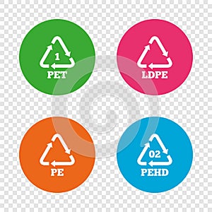 PET, Ld-pe and Hd-pe. Polyethylene terephthalate.