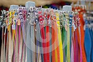 Pet leads or leashes in different colors with price tickets