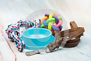 Pet leather leashes, brush and rubber toys
