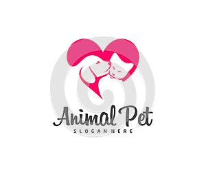 Pet Love Logo dog cat design vector template. Animals Veterinary clinic Logotype concept outline icon