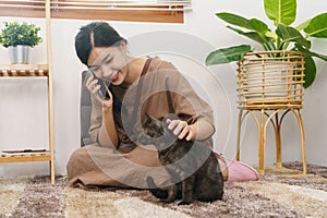 Pet lover concept, Young Asian woman sit on the floor to talking on phone and stroking fur of cat