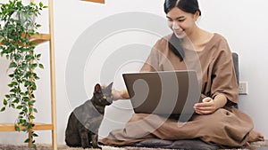 Pet lover concept, Young Asian woman using laptop and playing to stroking with cat in living room