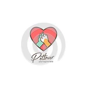 Pet lover logo, pet shop or shelter logo with dog and cat paw hi five inside love amour icon