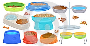Pet meal bowl. Food containers pets treats, dog plate and cat dish with dry fodder or water, empty full bowls feed meal