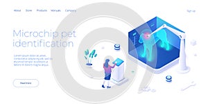 Pet microchip concept illustration in isometric vector design. Dog or animal tracking chip identification. Id implant scan