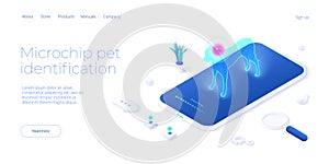 Pet microchip concept illustration in isometric vector design. Dog or animal tracking chip identification. Id implant scan