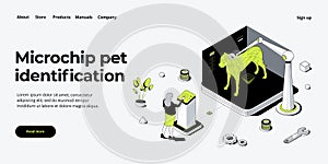 Pet microchip concept illustration in isometric vector design. Dog or animal tracking chip identification. Id implant scan