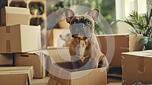 pet moving into their new home, with their loyal bulldog sitting amidst cardboard boxes filled with household items, all