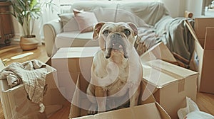 pet moving into their new home, with their loyal bulldog sitting amidst cardboard boxes filled with household items, all