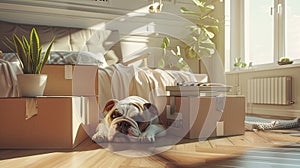 pet moving into their new home, with their loyal bulldog sitting amidst cardboard boxes filled with household items, all