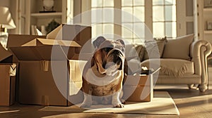 pet moving into their new home, with their loyal bulldog sitting amidst cardboard boxes filled with household items, all