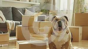 pet moving into their new home, with their loyal bulldog sitting amidst cardboard boxes filled with household items, all