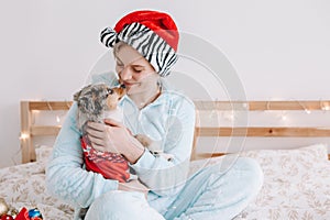 Pet owner celebrating Christmas New Year holiday alone. Young woman in Santa hat hugging cute miniature Australian shepherd puppy