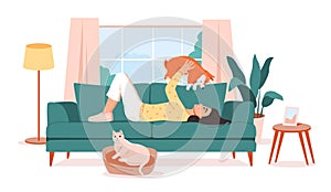 Pet owner. The girl is lying on the couch with her pets. A cat and a dog are resting on the sofa with their owner.