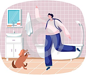 Pet owner happy woman playing with dog at home in bathroom, funny girl jumping training puppy