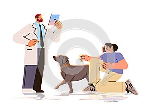 pet owner visiting veterinarian doctor checking up dog health medicine animal health care examination in veterinary