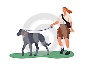 Pet owner walking with dog, leading big doggy on leash. Canine animal walker, woman strolling outdoors with puppy of