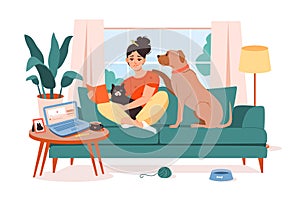Pet owner. A young woman is resting on the couch with her pets. A woman with a cat and a dog spend time together.