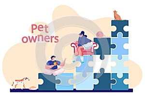 Pet owners poster with lettering. A man sits and talks to a woman in a chair next to a cat and a dog