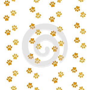 Pet paw footprint seamless pattern. Vector illustration with cat or dog paws on white background.
