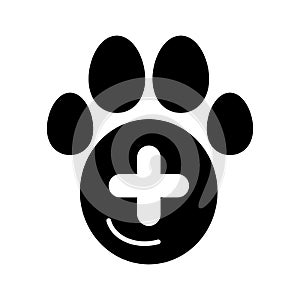 The pet paw and plus sign simple vector icon. Black and white illustration of veterinary hospital. Solid linear icon.