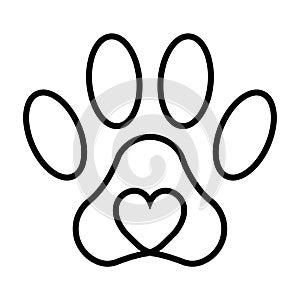 Pet paw print cat dog man friend, vector pet paw print with heart, sign symbol love for animals, veterinary clinic logo