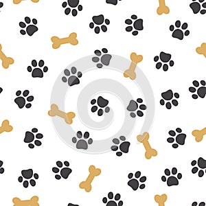 Pet paw seamless pattern. Vector illustration with paw and bone on white background.