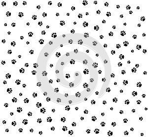 Pet paws black on white seamless pattern background.