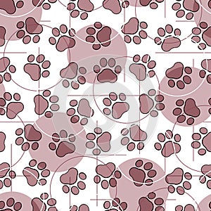 Pet prints. Paw seamless pattern. Cute background for pets, dog or cat. Childrens backdrop. Foot puppy. Different shapes. Footprin