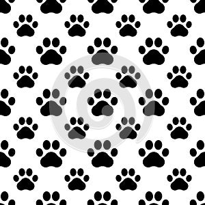 Pet prints. Paw seamless pattern. Cute background for pets, dog or cat. Foot puppy. Black silhouette shape paw. Footprint pet. Ani