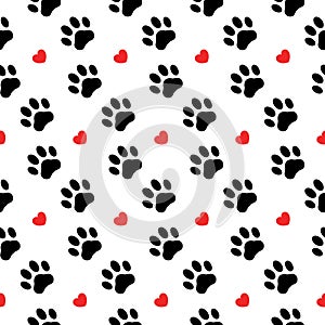 Pet prints. Paw seamless pattern. Cute background for pets, dog or cat. Foot puppy. Black silhouette shape paw. Footprint pet. Ani