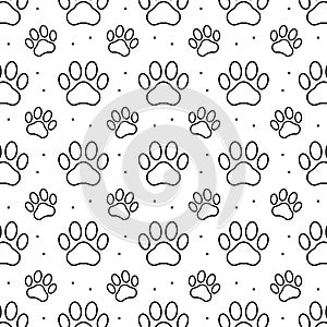 Pet prints. Paw seamless pattern. Cute background for pets, dog or cat. Foot puppy. Black silhouette shape paw. Footprint pet. Ani