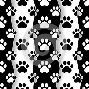 Pet prints. Paw seamless pattern. Cute background for pets, dog or cat. Foot puppy. Black silhouette shape paw. Footprint pet. Ani