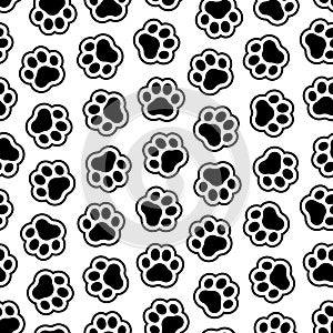 Pet prints. Paw seamless pattern. Cute background for pets, dog or cat. Foot puppy. Black silhouette shape paw. Footprint pet. Ani