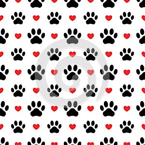 Pet prints. Paw seamless pattern. Cute background for pets, dog or cat. Foot puppy. Black silhouette shape paw and red heart. Foot